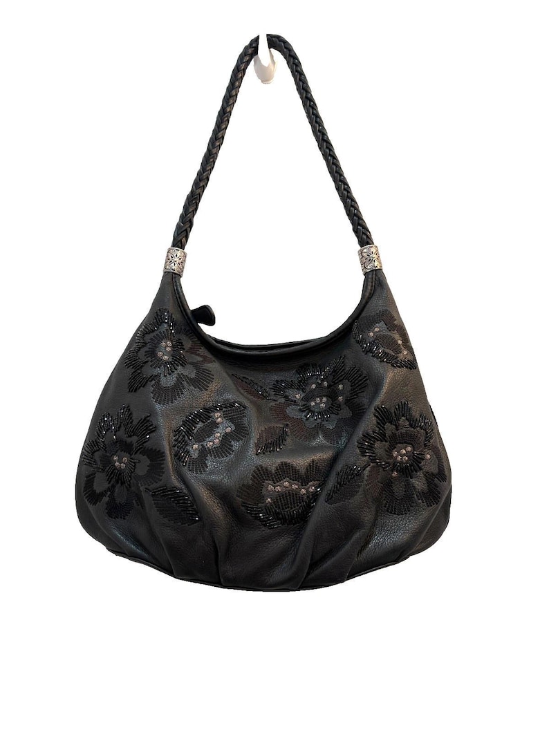 Brighton Black Leather Shoulder Bag Embroidered Beaded Floral Design Silver Tone image 1