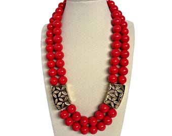 Vintage Liz Claiborne Red Beaded Double Strange Statement Necklace Gold Tone