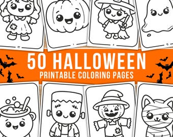 May include: A collection of 50 Halloween printable coloring pages featuring black and white line art of a zombie, pumpkin, witch, ghost, cauldron, Frankenstein monster, scarecrow, and mummy cat, with the text 50 HALLOWEEN PRINTABLE COLORING PAGES.