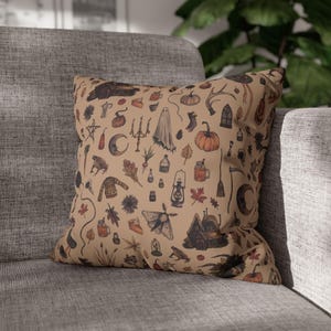 Rustic Brown Cottagecore Pillow Cover: Cozy Crone, Black Cat & Autumn Samhain