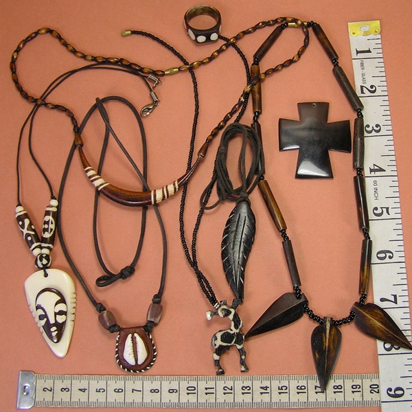 Vintage Batik Bone Lot, Repurpose & Wear Lot, Polka Dots, Dyed Bone, Horn, Carved Bone, African Lot, Face Pendant, Cowrie Shell, Ring