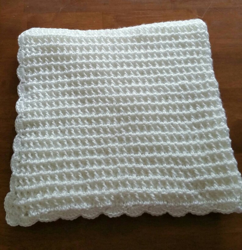 White Waffle Stitch Baby Afghan With Scallop Border Free Etsy