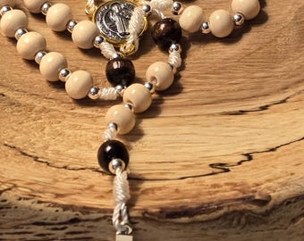 One Wood St. Benedict Rosary, Gold or Silver Accents, Catholic Gift