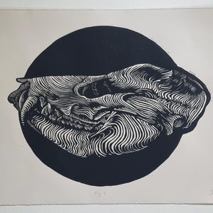 Possum Skull Linocut Print – Hand-Carved  Wildlife Skull- Hand-Printed Bone & Botanical Nature Illustration