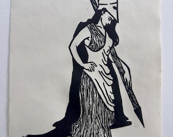Greek Warrior Woman Linocut Print- Hand-made Greek Mythology Inspired Blockprint