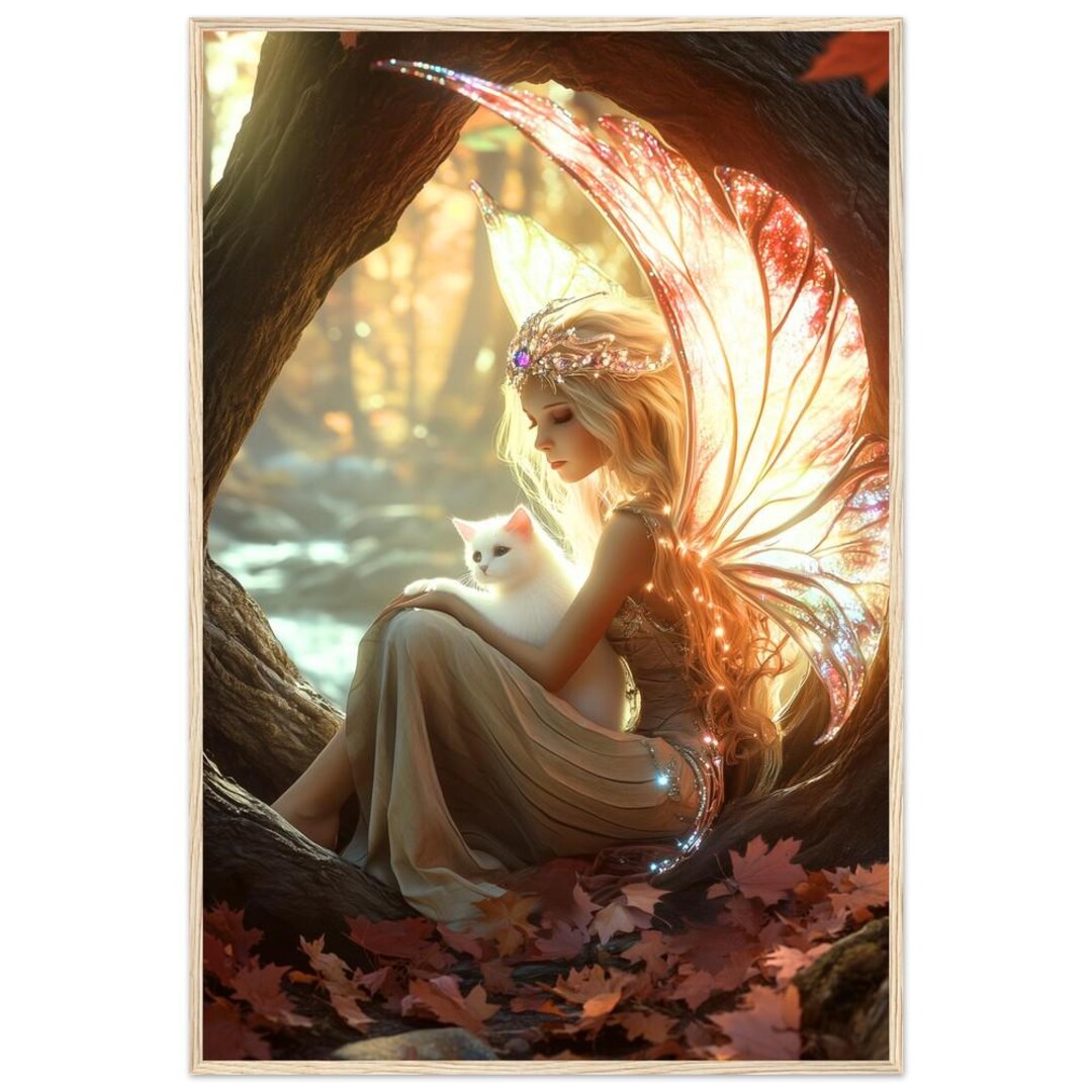妖精とお城の幻想的なアート 額入り森の妖精アートプリント - 魔法の森と猫、幻想的なファンタジー