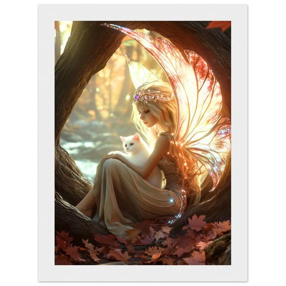 額入り森の妖精アートプリント - 魔法の森と猫、幻想的なファンタジー