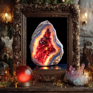 Puede incluir: Una geoda iluminada con un centro rojo y naranja vibrante, enmarcada en un marco dorado ornamentado. Una bola de cristal roja descansa sobre una superficie de madera, con un grupo de cristales rosas a la derecha. Tema místico.