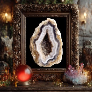 May include: A framed geode slice with a sparkling crystal centre, displayed in an ornate, dark brown frame. The geode features bands of white, grey, and gold. A red crystal ball and pink crystals are in the foreground.