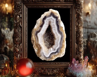 Stampa artistica di geode di quarzo fumé - Fetta di geode grigio caldo, decorazione in cristallo terroso, stampa murale Cottagecore stampabile, stampa minerale rustica