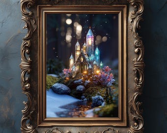 Castillo encantado en un bosque invernal: escena nocturna mística, arte de paisaje fantástico imprimible, decoración de pared mágica, descarga digital