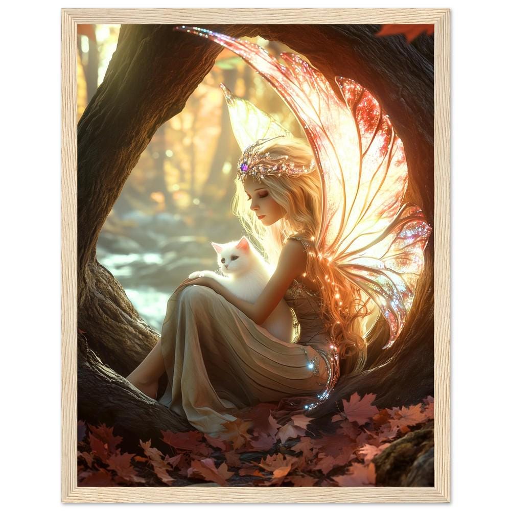 油絵　「妖精」F6 額入り森の妖精アートプリント - 魔法の森と猫、幻想的なファンタジー