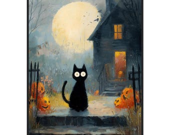 Kawaii ingelijste Halloween-poster zwarte kat – Spooky Cottagecore-kunstprint, grillig herfstdecor, klaar om op te hangen