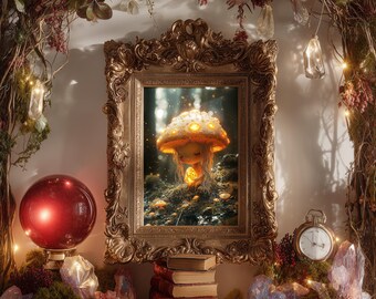 Arte de hadas con hongos del bosque encantado: escena nocturna melancólica, decoración cottagecore brillante, arte mural de fantasía imprimible, impresión de naturaleza mística