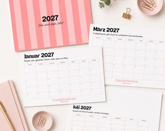 Digitaler Wandkalender 2027 mit Motivationssprüchen | Monatsansicht | Gestreiftes Design | Jahreskalender | Digitaler Download