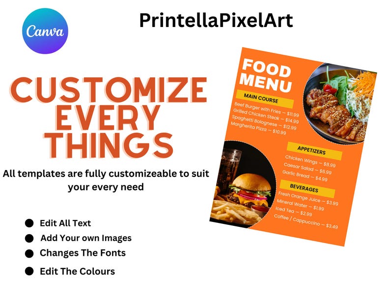 Modern Food Menu Template, Editable Canva Restaurant Menu, Minimalist ...