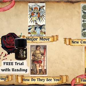 Puede incluir: Un anuncio de lectura de cartas del tarot de estilo vintage. La imagen presenta varias cartas del tarot con ilustraciones y texto, incluyendo "New Love", "Major Move" y "The Sun". También hay una pequeña botella y una rosa roja.