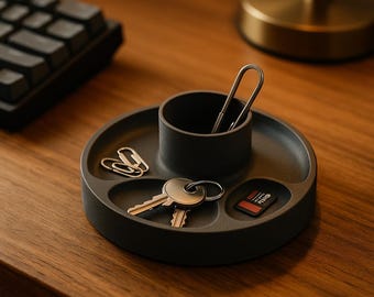 Organizador de escritorio redondo STL: bandeja minimalista impresa en 3D para llaves, clips y tarjetas SD, compatible con Bambú Lab, descarga digital