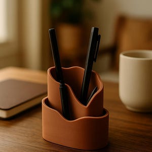 May include: A terracotta-colored desk organizer with a wavy design, holding three black pens. The organizer sits on a wooden surface, with a notebook and a cream-colored mug in the background. The overall aesthetic is minimalist and modern.