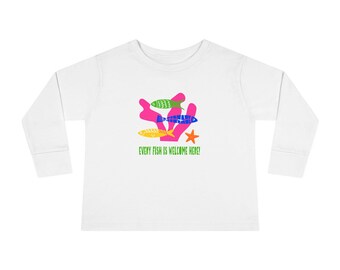 Colorful Fish Pink Coral Graphic 'Every Fish Is Welcome Here' Long-Sleeved Toddler Tee