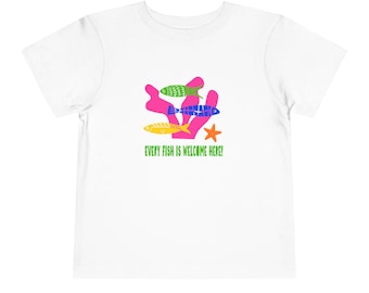 Colorful Fish and Bright Pink Coral Graphic 'Every Fish Is Welcome Here!' Short-Sleeved Toddler Tee