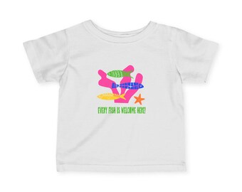 Fun Fish with Pink Coral Graphic 'Every Fish Is Welcome Here!' Infant Fine Jersey Tee