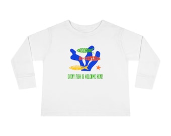 Colorful Fish Blue Coral Graphic 'Every Fish Is Welcome Here' Long-Sleeved Toddler Tee