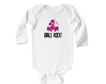 Bodysuit voor meisjes met graphic rockdrummer | Roze muziek babyrompertje