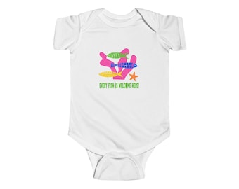 Colorful Fish Bright Pink Coral 'Every Fish Is Welcome Here!' Infant Onesie