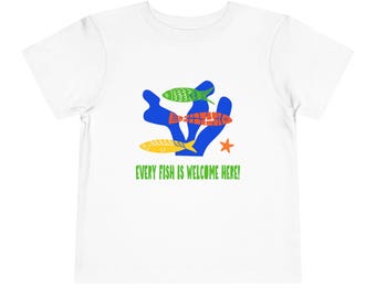 Colorful Fish and Blue Coral Graphic 'Every Fish Is Welcome Here' Toddler Tee