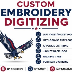 Puede incluir: Un anuncio gráfico de servicios de digitalización de bordados personalizados con una ilustración de águila. El texto dice CUSTOM EMBROIDERY DIGITIZING, enumerando servicios para logotipos de pecho, gorra, aplique, chaqueta, boda y retrato.