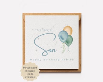 Personalised Son Birthday Card | Card for him, Male, Blue & Green Balloons