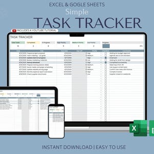Puede incluir: Una plantilla digital de seguimiento de tareas para Excel y Google Sheets mostrada en una computadora portátil, tableta y teléfono inteligente. La interfaz presenta columnas para fecha, tarea, fecha de vencimiento, prioridad y comentarios.