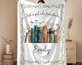 Personalized Girl Book Blanket, Just A Girl Who Loves Books Throw, Floral Library Blanket Gift, Custom Name Bookish Quilt For Reader