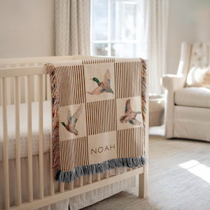 Personalized Mallard Duck Baby Blanket, Neutral Patchwork Nursery Throw, Custom Name Blanket, Duck Hunting Baby Shower Gift