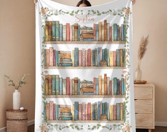 Personalized Book Lover Blanket, Vintage Bookshelf Throw, Custom Library Blanket, Cottagecore Reading Gift, Floral Book Decor Throw
