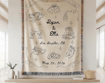 Personalized Wedding Woven Blanket, Custom Marriage Throw With Names, Wedding Gift For Couple, Bridal Shower Gift, Anniversary Keepsake