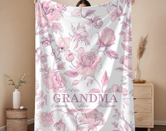 Personalized Grandma Blanket With Names, Custom Floral Throw Blanket Gift For Nana, Grandkids Name Blanket, Soft Minky Christmas Gift