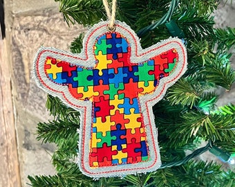 Denim Angel Christmas Ornament: Autism Awareness Puzzle Piece Decor