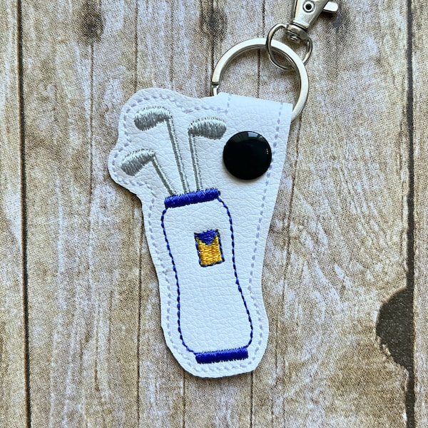 Golf Bag Embroidered Key Chain, Golf Tournament Gift, Bachelor Wedding Party Favors, Faux White Leather Key Ring, Gift For Guys Golf Trip