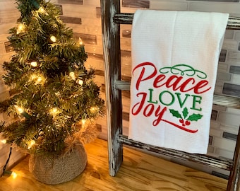 Christmas Embroidered Hand Towel, Peace Love and Joy Christmas Decor, Winter Kitchen Decor, Holiday Gift for Hostess, Bathroom Guest Towel