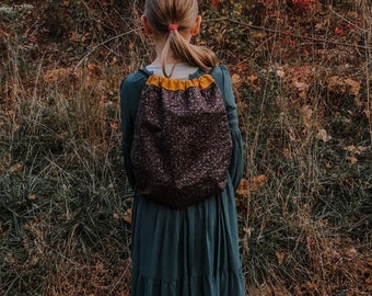 Nature Drawstring Backpack for nature walks, forest school, nature school, foraging, and outdoor play.