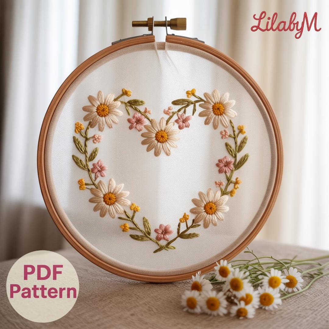 Daisy Heart Wreath Embroidery Pattern: Floral Hoop Art (PDF Download ...