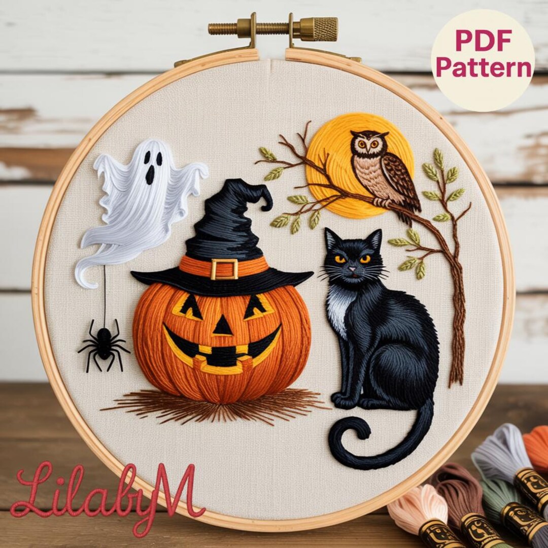 Vintage Halloween Scene Pattern – Cat, Pumpkin & Ghost – Instant ...