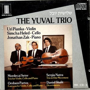 May include: CD case for "The Yuval Trio" featuring three men in suits with a violin, cello, and piano. The CD cover includes the names of the musicians and the composers. The CD is labeled "Music in Israel" and "Compact Disc Digital Audio."