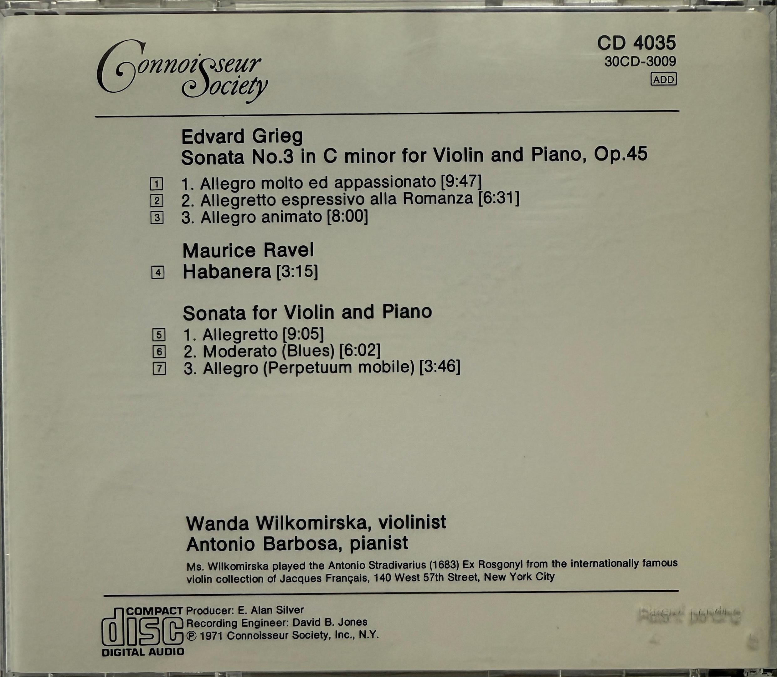 稀少CD Wanda Wilkomirska Ravel / Grieg, Wanda Wilkomirska, Antonio Barbosa - Sonata