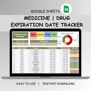 Op de afbeelding: Een laptopscherm toont een Google Sheets-spreadsheet met de titel "Medicine | Drug Expiration Date Tracker". De spreadsheet houdt medicijnnamen, categorieën, aankoop- en vervaldatums en resterende dagen bij. De tekst "Easy to Use | Instant Download" staat onderaan.