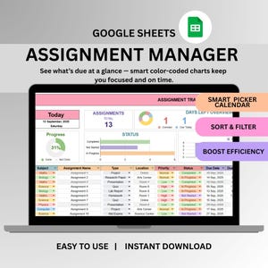 Aufgabe Tracker Google Sheets Digitaler Studentenplaner Tabelle Hausaufgaben Studie Schule Prüfungsveranstalter Bewertung Akademischer Tracker
