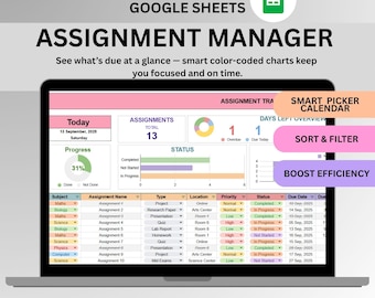 Assignment Tracker  Google Sheets  Digital Student Planner Spreadsheet  Homework Study School Exam Organizer Assessment Academic Tracker