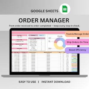 May include: A laptop screen shows a Google Sheets order manager template. The spreadsheet includes order status, priority charts, and key performance indicators. Text on the screen reads "Track & Manage Order", "Ship Orders On Time", and "Boost Efficiency".